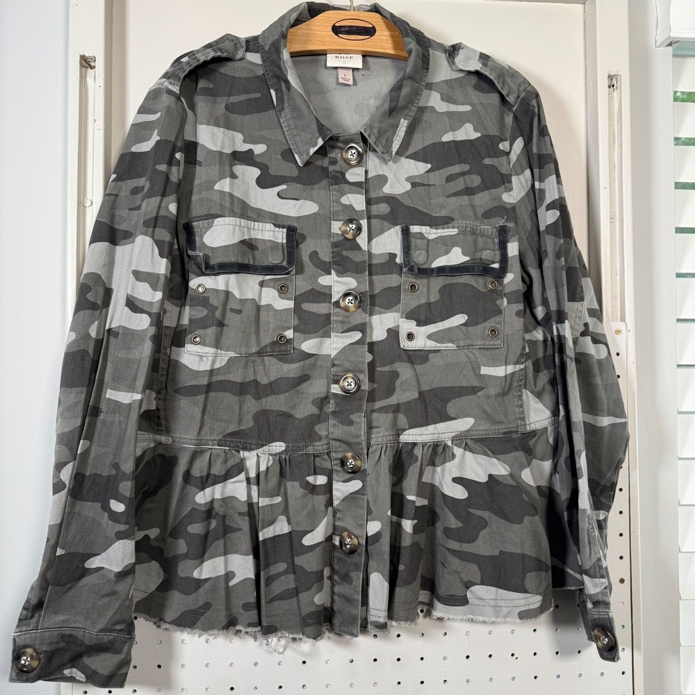 Knox Rose Peplum Jacket Women's Gray Pockets Camouflauge Stretch Utility - Large
